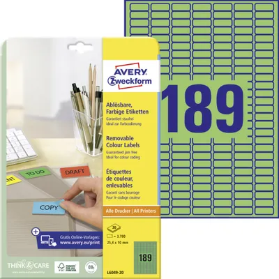 Produktbild von Avery Zweckform L6049-20 Farbige Etiketten, ablösbar, A4, 25,4 x 10 mm, 20 Bogen/3.780 Etiketten, grün