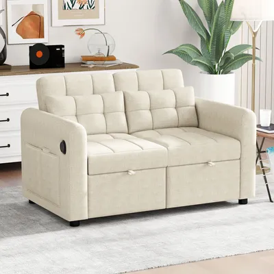 Produktbild von STILVORA Schlafsofa mit Kissen und verstellbarer Rückenlehne,Loungesofa mit USB,Stautasche und Getränkehalter ,Doppelsofa für Schlafzimmer,Wohnzimmer&Wohnung,Beige