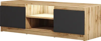 A lowboard TV stand with two black doors and an open shelf in the middle.