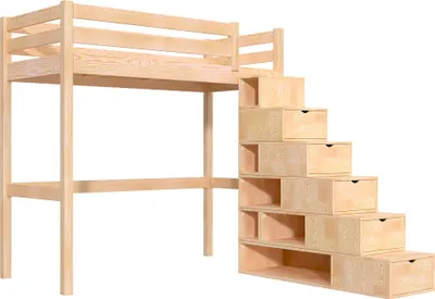 Produktbild von Hochbett holz mit Treppenregal Sylvia - 90x200 - Roh (ohne Lack)