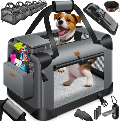 Produktbild von Lovpet Hundetransportbox Anthrazit XXL (91,4 x 63,5 x 63,5 cm) faltbar, inkl. Faltnapf und 2 praktischen Taschen, für Hunde und Katzen, aus Oxford-Stoff, Meshgewebe, Kunstpelz und Stahlrohre, mit gemütlichem Innenpolster