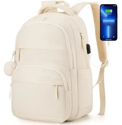 Produktbild von Schulrucksack Damen 17.3 Zoll Laptopfach Beige mit USB-Ladeanschluss