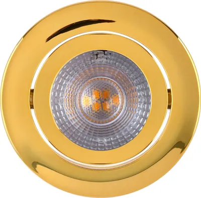 A close-up, top-down view of a single gold LED recessed light fixture.