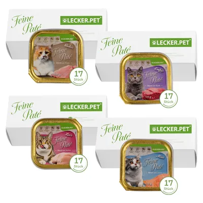 Produktbild von 68 x 100 g Lecker.Pet® Balu's, Emily's, Leo's & Mia's Feine Paté Katzenfutter Nassfutter Mix Vollnahrung - je Sorte 17 Schalen
