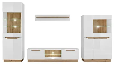 Productafbeelding van Wandmeubel Lugo, 4-delig, 315x40x188 cm, wit hoogglans, Artisan eikenhout