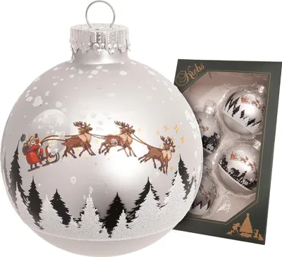 Produktbild von Krebs Glas Lauscha Weihnachtsbaumkugeln 4er Set - Santa mit Rentieren in Silber - aus Glas - ca. 7 cm