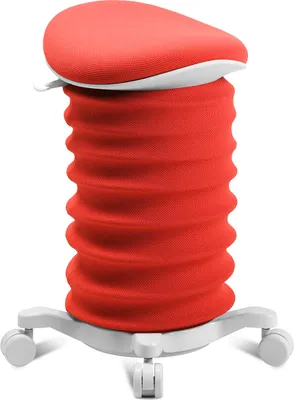 A red and white ergonomic seat stool with wheels.