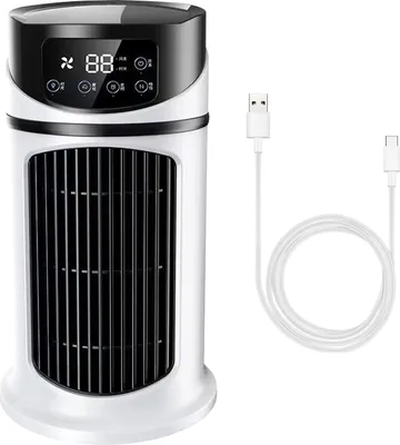 A white and black portable fan with a digital display and a white USB cable.
