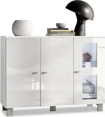 Produktbild von Vladon Sideboard Denjo,  Germany, Kommode mit 3 Türen, Weiß matt/Weiß Hochglanz, inkl. LED-Beleuchtung (107 x 81 x 35 cm)