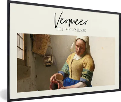 Produktbild von MuchoWow® Gerahmtes Poster Milchmädchen - Vermeer - Alte Meister 90x60 cm - Poster mit Schwarzem Bilderrahmen Wandposter Rahmen Foto Bilder - Fotorahmen - Foto-Plakat
