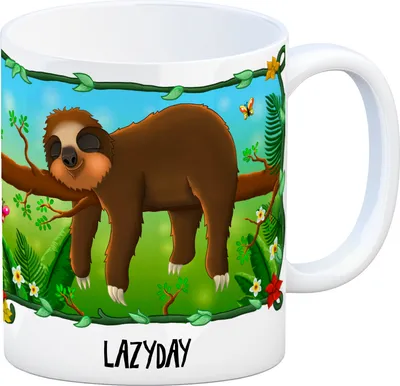 Produktbild von Kaffeebecher mit Faultier auf Baum Dschungelmotiv und Spruch: Lazyday Becher