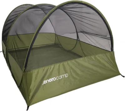 A green pop-up mosquito net tent is shown against a white background.