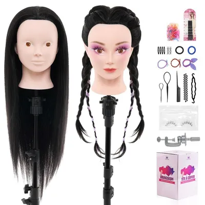 Produktbild von Übungskopf Friseur Puppenkopf Styling-Kopf - 61 cm - 50 % Echthaar - Mit Halter und Haarzubehör