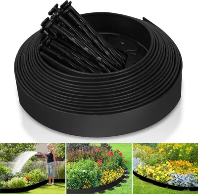 Image de Jayseuw 10m Bordure de pelouse flexible en plastique pour l'ancrage Bordure de parterre Noir avec 30 ancrages de terre