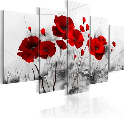 Produktbild von Leinwandbilder Blumen 200x100 cm Vlies Leinwandbild 5 tlg Kunstdruck modern Wandbilder XXL Wanddekoration Design Wand Bild - Mohnblumen rot grau wie gemalt 0107-5