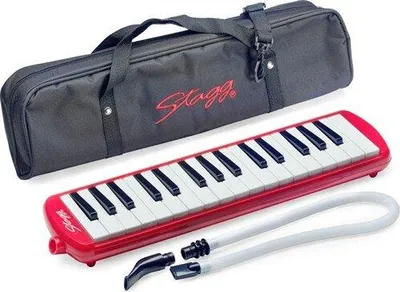 A red melodica with a black carrying case and accessories is displayed on a white background.