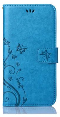 A blue flip case for a smartphone, decorated with a floral and butterfly pattern.