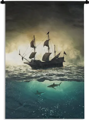 Produktbild von MuchoWow® Wandteppich Wandbehang Boot - Hai - Meer 90x135 cm Tapisserie Dekoration Wandtuch - Baumwolle - Wandskulptur