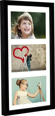 A black multi-photo frame with three different images: a young girl smiling, a person painting a heart on a wall, and a young girl taking a photo with a vintage camera.
