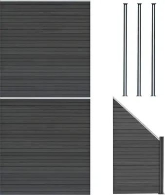 Produktbild von WPC Steckzaun x2, Eckstück x1 & LED Zaunpfosten x3, 1,85m Grau Gartenzaun