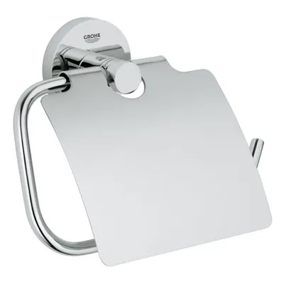 A chrome toilet paper holder with a lid, mounted on a wall.