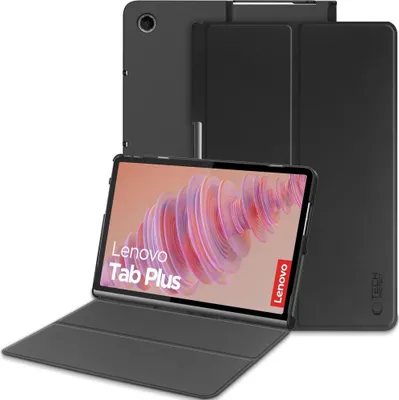 A black tablet case and tablet are displayed on a white background.