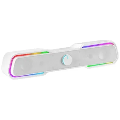 A white soundbar with RGB lighting.