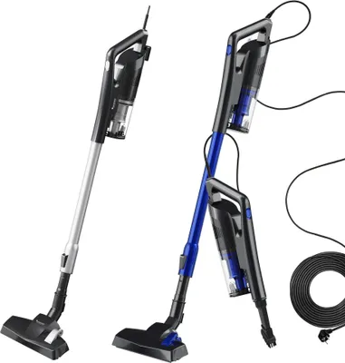 Two stick vacuums are shown against a white background. One is silver and black, the other is blue and black. A coiled power cord is visible on the right.