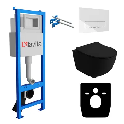 Produktbild von Lavita LAV 101 Vorwandelement für WC 40cm + Wand Hänge Tiefspül WC BRAVA Schwarz Spülrandlos + Bedienplatte LAV 200.3.1 Weiß | Komplettset | Unterputz Spülkasten | Toilette Komplett Sett