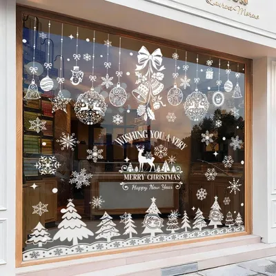Zdjęcie produktu dla Naklejki okienne, renifer, płatki śniegu, 300 sztuk, PVC, dekoracja świąteczna