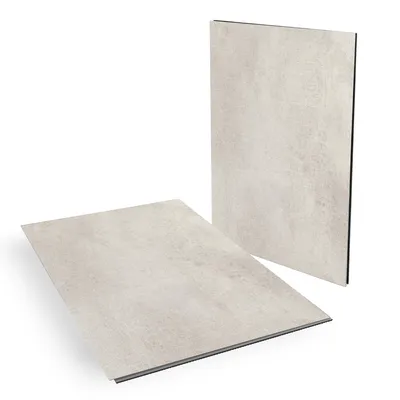 Two vinyl flooring tiles are shown against a white background. One tile is lying flat in the foreground, and the other is standing upright in the background.