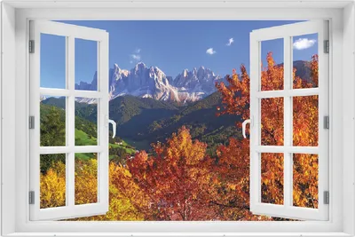 Produktbild von Wallario Wandbild mit Fenster-Illusion: Herbst im Gebirgstal unter blauem Himmel, Größe: 61 x 91,5 cm, Poster mit rahmenlosen Bildhalter