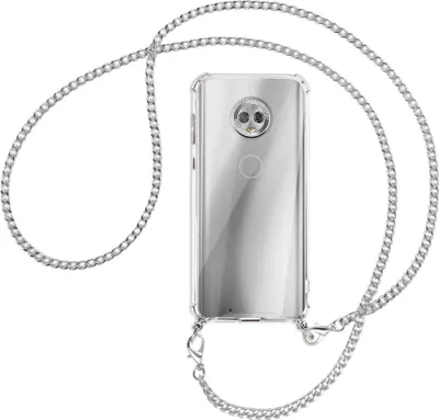Produktbild von Handykette Backcover-Schutzhülle mit Band (Metall silberfarben) für Motorola Moto G6 - silberfarbene Kette