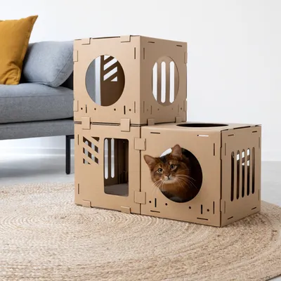 Produktbild von Navaris Katzentunnel aus Karton mit Kratzboards - 3tlg. Katzenhaus aus Pappe zum Zusammenstecken - Papphaus für Katzen - Katzenhöhle Haus Kartonhaus