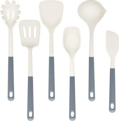 Immagine prodotto di Utensili da cucina resistenti al calore, set da 6 pezzi, in silicone, antiaderenti, senza BPA, grigio-bianco