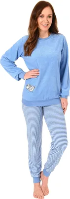 Produktbild von Damen Frottee Pyjama Schlafanzug mit Bündchen und süsser Tier Applikation - 202 201 13 110 ; hellblau , 36