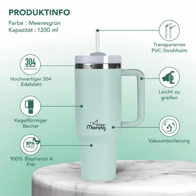 Produktbild von Any Morning Thermobecher 1200 ml (40,58 oz) Seegrün – Edelstahl doppelwandig, auslaufsicherer Deckel, 9h heiß & 12h kalt, BPAfrei, großer To-Go Becher