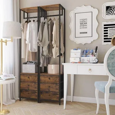 Image de Porte-vêtements à trois niveaux avec cordes à linge et structure métallique marron, HGR001H