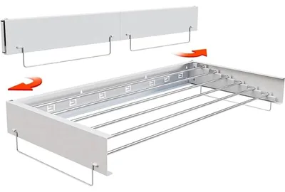 Zdjęcie produktu dla Suszarka ścienna rozkładana - Rozciągana i składana - Nośność 30 kg - Stal nierdzewna - Do użytku wewnątrz i na zewnątrz - Oszczędna konstrukcja - Srebrna