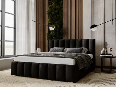 A modern bedroom with a dark upholstered bed, decorative wall paneling, and a large window.