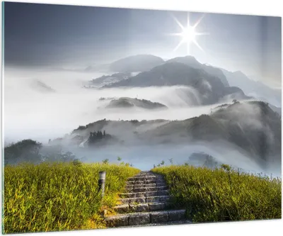 Produktbild von Bilder auf glas - Berg Nebel Landschaft Morgen - 100x70cm - Glasbilder - Wandbilder - Kunstdruck - zum Aufhängen bereit - Wanddekoration aus Glas - Glas Bilder - Wandbild auf Glas - GAA100x70-2478