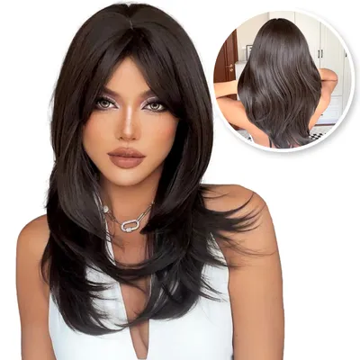 Produktbild von SassyGoods Braune Perücken - Perücken Damen Langes Haar - Perücke - Sieht aus wie echtes Haar - Haarteil - Halblanges Haar - Lagen - Braun - 60 cm