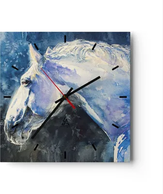 Produktbild von Wanduhr - Quadrat - Glasuhr - Pferd Aquarell Porträt - 40x40cm - Schleichendes Uhrwerk - Lautlos - zum Aufhängen bereit - Dekoration Modern - Wanddekoration aus Glas - C3AC40x40-4272