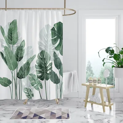 Produktbild von Duschvorhang 180x180 cm, schimmelresistent, mit grünen Blättern und Pflanzen, wasserabweisend, Polyester, waschbar, inklusive 12 Duschvorhangringen.