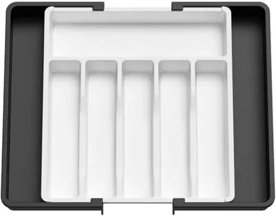 Produktbild von PolkaHome® Silberbesteck-Organizer, ausziehbarer Besteckkasten, verstellbar 33-57 cm, weiß/schwarz