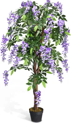 Produktbild von Kunstpflanze im Topf, Künstlicher Baum mit 3 Natürlichen Stämmen, Kunstbaum mit Lila Blumen aus Polyestertuch, Künstliche Pflanze mit Kunstrattan & Blauregen, 150 cm