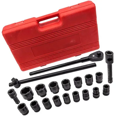 Zdjęcie produktu dla Zestaw kluczy nasadowych z uchwytem udarowym – 3/4" (1,9 cm) z napędem czworokątnym – krótkie i głębokie 19–50 mm (metryczne) – z przedłużką – narzędzie o wysokiej wytrzymałości
