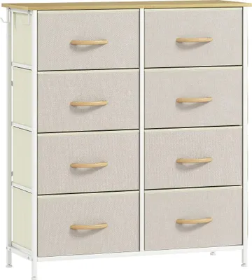 Produktbild von Schlafzimmer-Kommode mit 8 Stoffschubladen, Stahlstreben, Holzoberfläche, 4 Aufbewahrungstaschen, 2 Haken, Beige