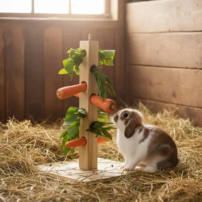 Immagine prodotto di Mucola distributore di mangime per conigli stazione di alimentazione 45cm albero di alimentazione legno roditore mangiatoia roditore albero con terra picco rack alimentazione
