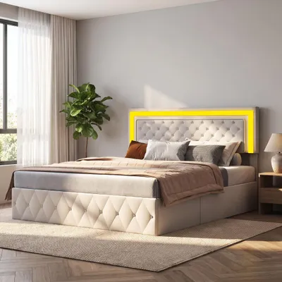 Obrázek produktu pro Postel s pružinovou základnou 140x200 cm se úložným prostorem a výškově nastavitelnou opěrkou, LED čalouněná postel s úložným prostorem, rám postele s roštem, samet, béžová barva